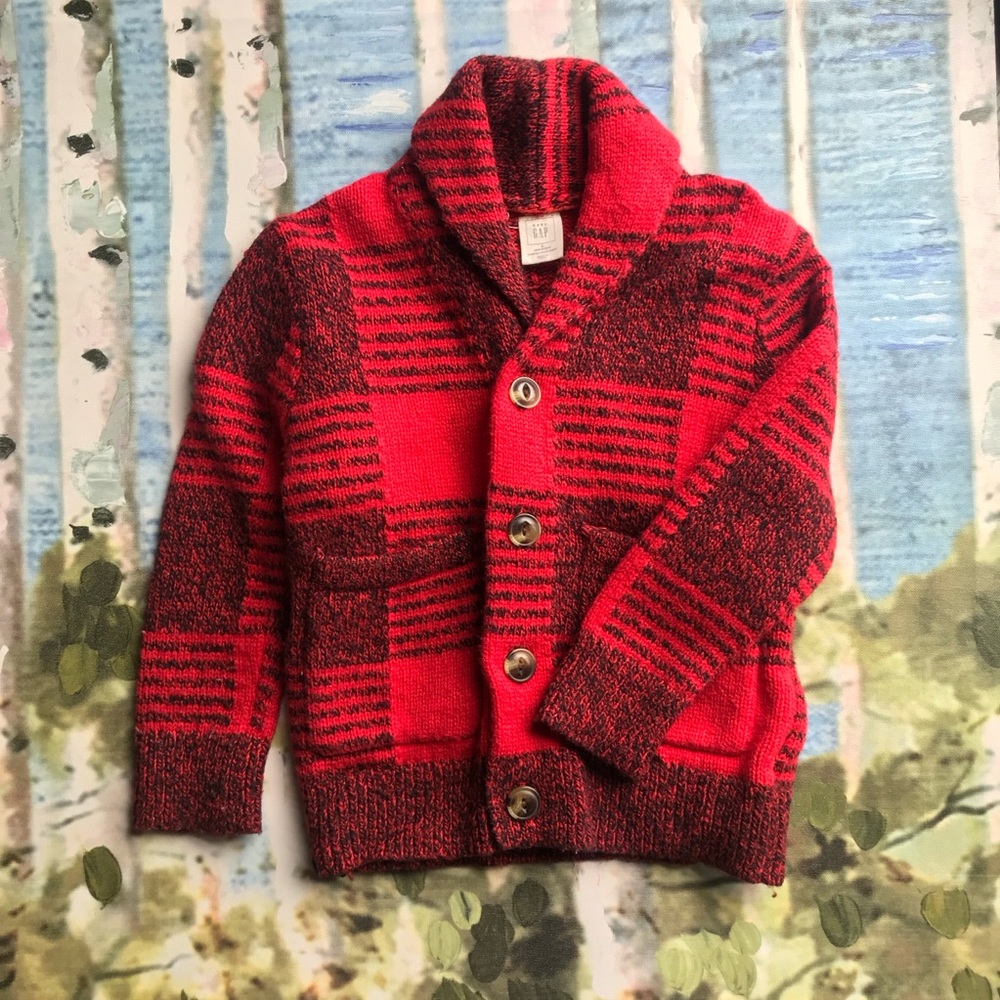GAP Buffalo Plaid Wool Blend Knit Shawl Collar cardigan